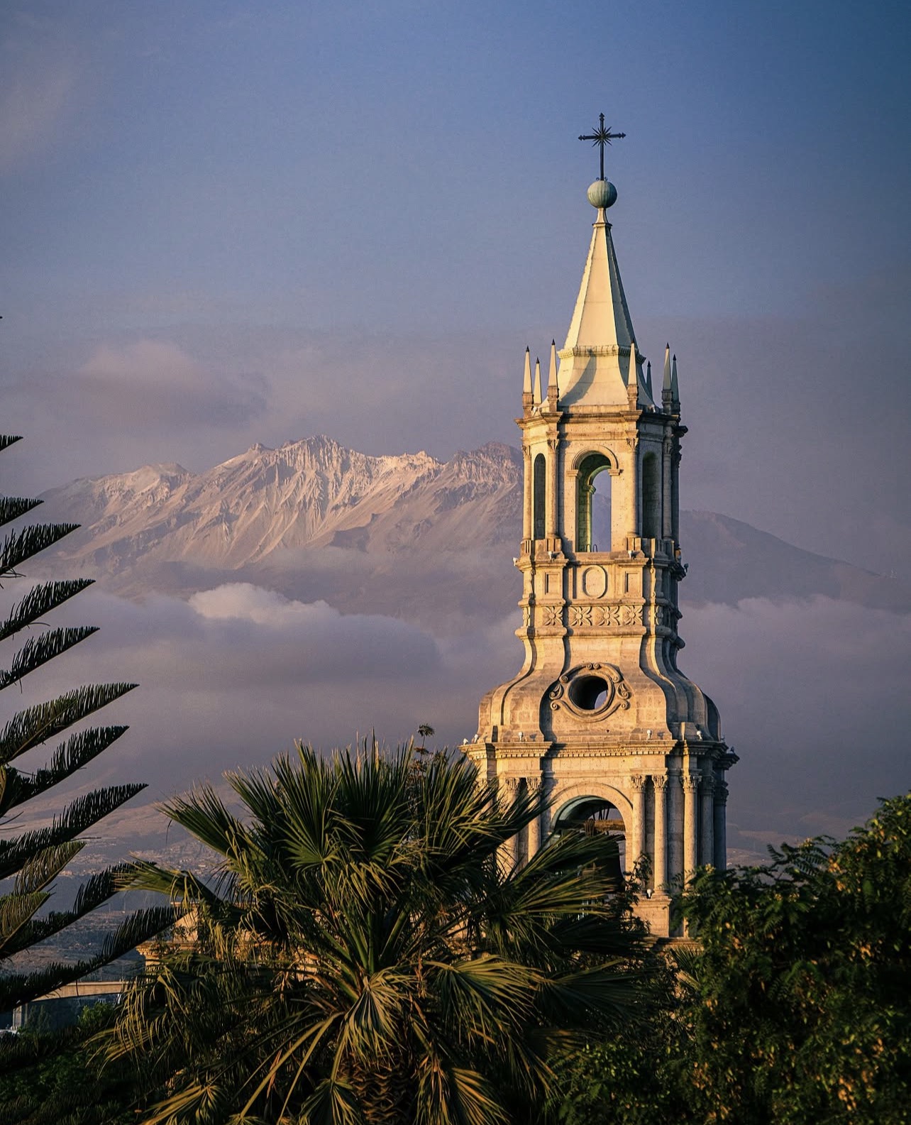 Arequipa's historic architecture and volcano at golden hour